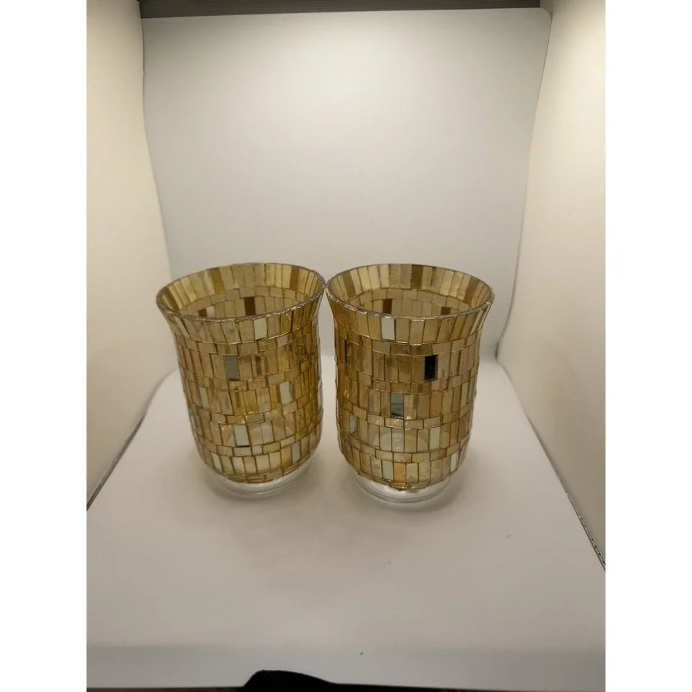 Vintage Mosaic Gold Glass Hurricane Candle Holders Pair Amber Retro 5in